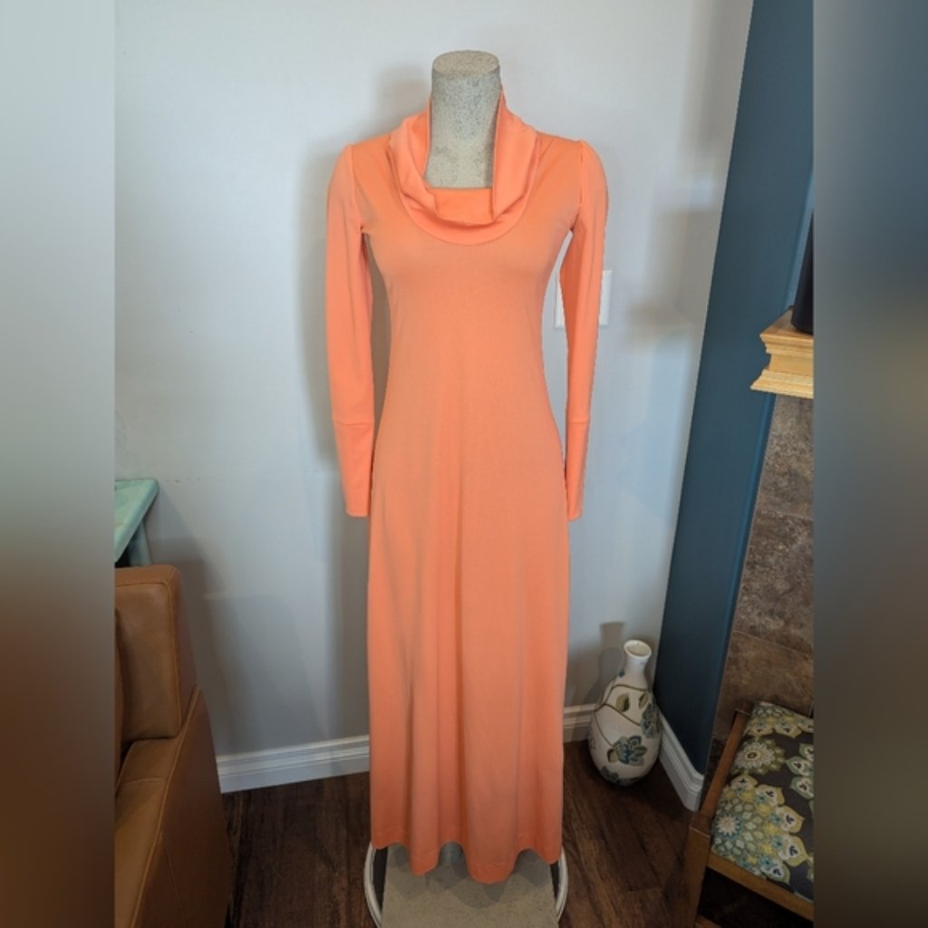 Vintage 1970s Coral Bias Cut Cowl Neck Long Sleeve Maxi Dress Size 6